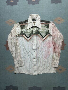 Vintage 70s long sleeve button shirt abstract dagger collar distressed medium